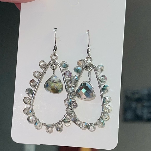 Artisan Silver Tone Wire Wrapped Smoky Crystal Drop Hoop Earrings - Picture 7 of 7